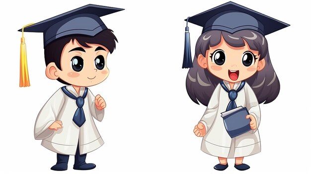 Photo cartoon happy graduation boy and girl in the school