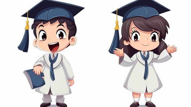 Photo cartoon happy graduation boy and girl in the school