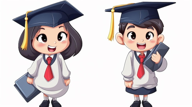 Photo cartoon happy graduation boy and girl in the school