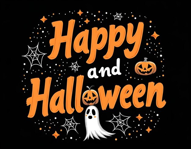 a cartoon happy halloween poster with a ghost and pumpkin on it