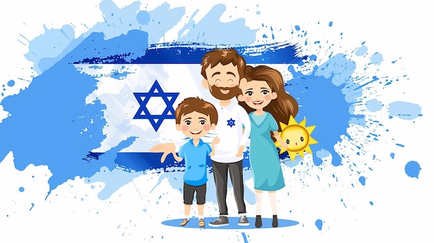 A cartoon happy Israeli family