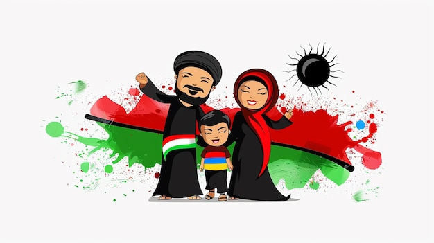 A cartoon happy Libyan family