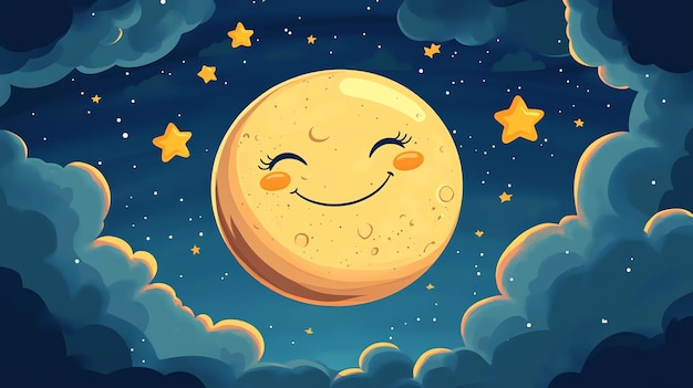 Photo a cartoon happy moon smiles at the viewer as it hangs in a night sky