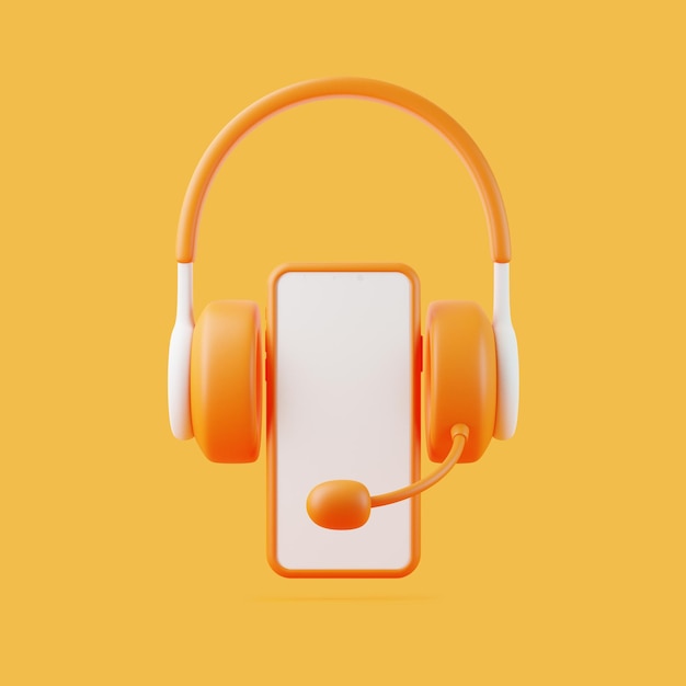 Cartoon headphones and smartphone flying on orange background Minimal creative concept 3D render