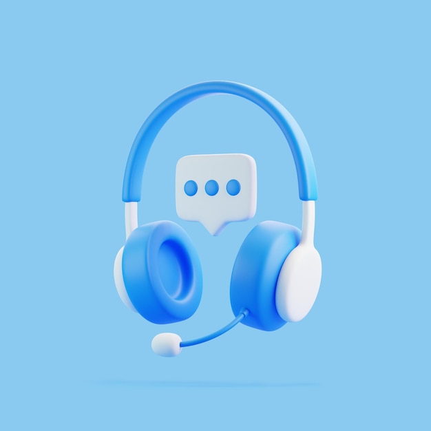 Cartoon headphones with speech bubble message flying on blue background 3D render illustration