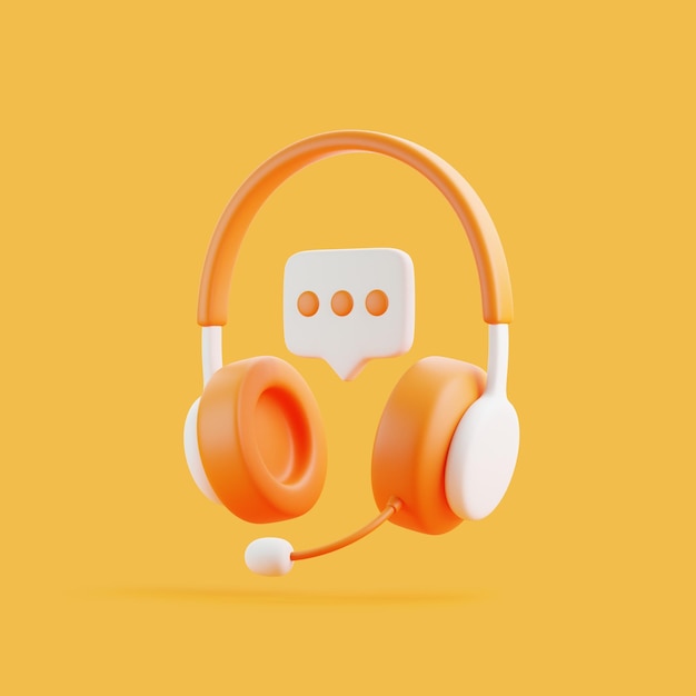 Cartoon headphones with speech bubble message flying on orange background 3D render illustration