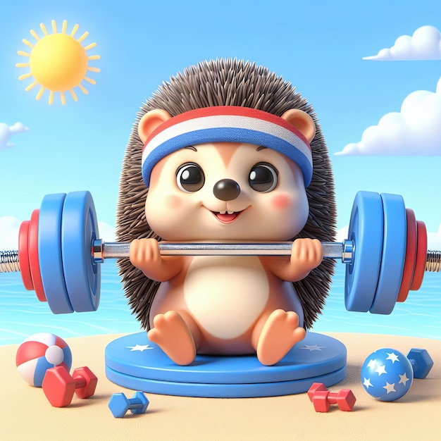 a cartoon of a hedgehog with a barbell on it