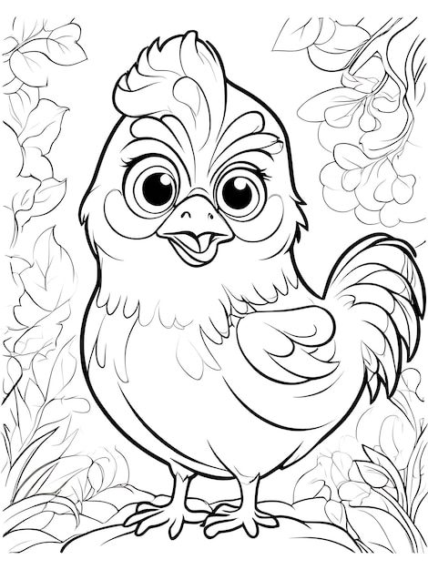 Photo cartoon hen coloring drawing without colors white background