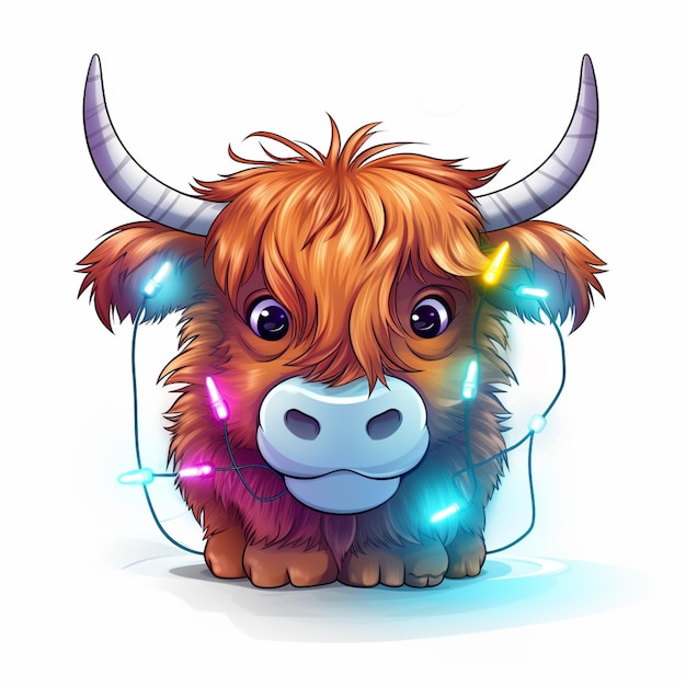 cartoon highland cow with christmas lights on its head generative ai