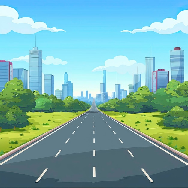 Cartoon highway Empty road with city skyline on horizon and nature landscape highway view ar 11 style raw Job ID 15e1c0d616514260b1e78519b073dc32