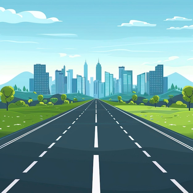 Cartoon highway Empty road with city skyline on horizon and nature landscape highway view ar 11 style raw Job ID 69d11ba9988f40b0aa44425d2290d03f