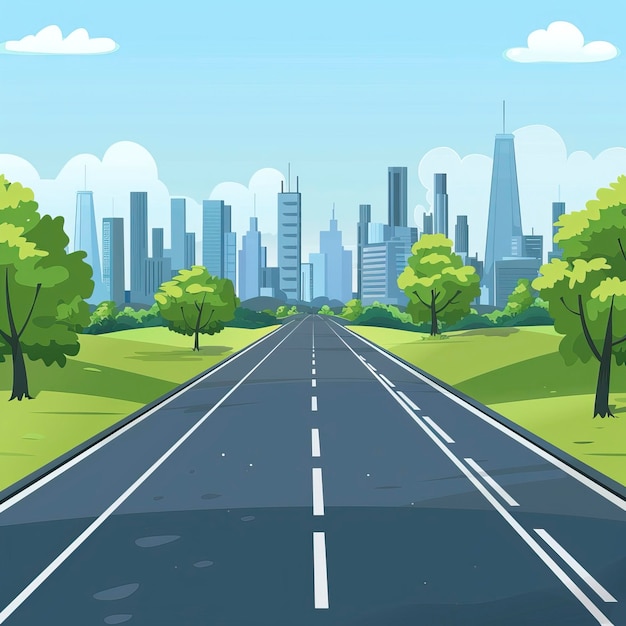 Cartoon highway Empty road with city skyline on horizon and nature landscape highway view ar 11 style raw Job ID ee41ea8beeff4e44a8a0456b85065d3a