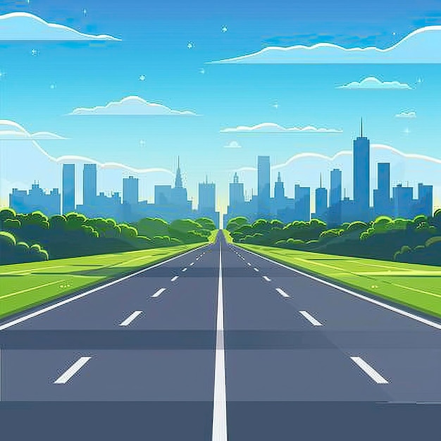 Cartoon highway Empty road with city skyline on horizon and nature landscape highway view ar 11 style raw Job ID ef9db86ed49346638d376186ea6d5dd5