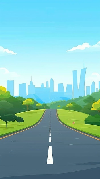 Cartoon highway Empty road with city skyline on horizon and nature landscape highway view ar 916 style raw Job ID 175b94da54da46f5ba70ff16da2f1108