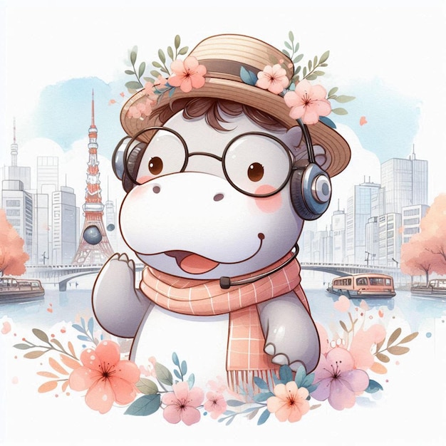 Photo a cartoon of a hippo wearing glasses and a hat with a scarf that says hello kitty