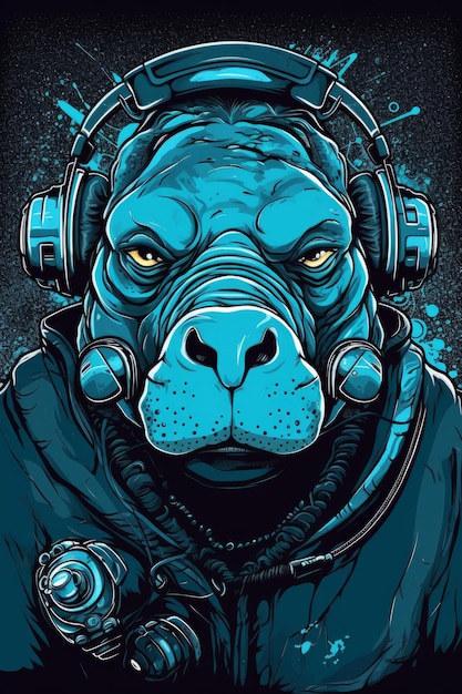 A cartoon hippo with a blue jacket and blue eyes