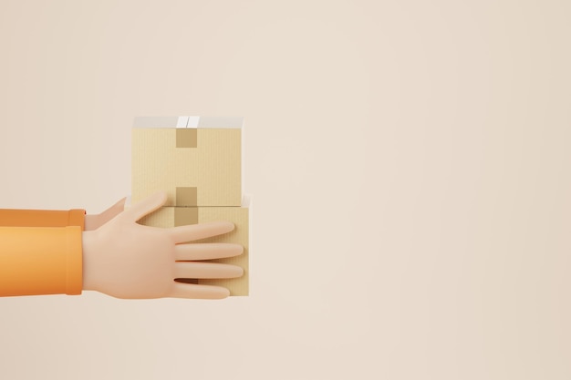 Cartoon holding cardboard box over pastel orange background Online shopping and delivery concept 3d render illustration