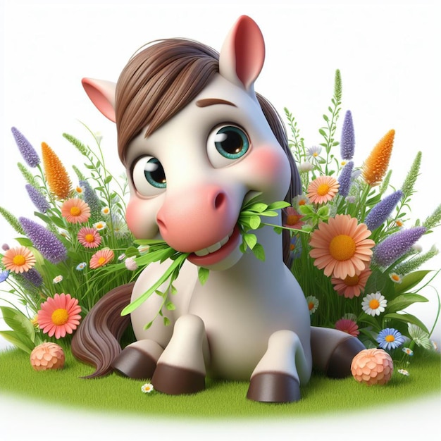 a cartoon horse with a flower in the background