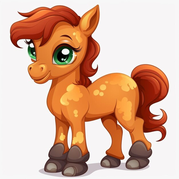 Cartoon horse with green eyes and brown mane standing generative ai