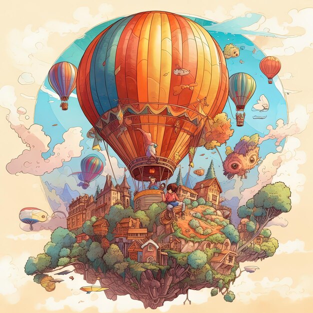 A cartoon of a hot air balloon with a castle on the top.