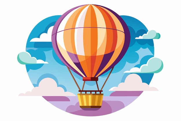 A cartoon hot air balloon with a wicker basket floating in a blue sky with white clouds