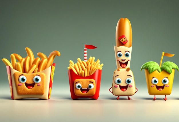 A cartoon of a hot dog and a french fry are smiling