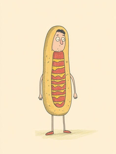 A cartoon of a hot dog with a face drawn on it