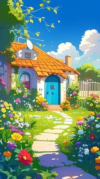 cartoon house in the garden with flowers and a pathway generative ai