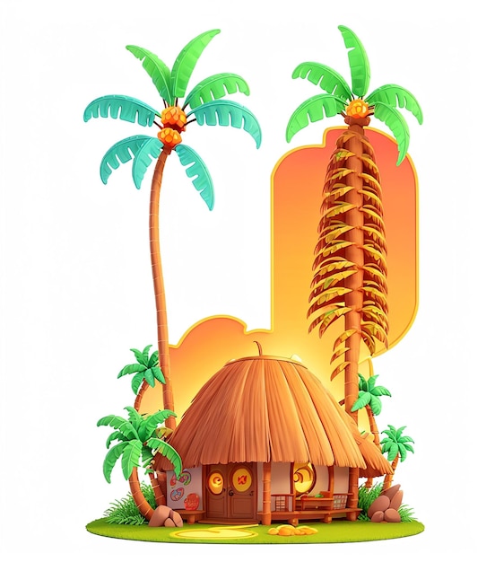 Photo a cartoon house and a hut tshirt design with palm trees