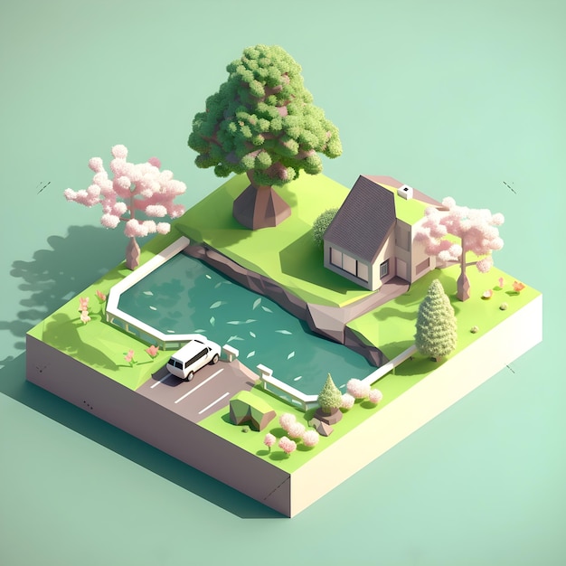 A cartoon of a house and a lake with pink flowers.