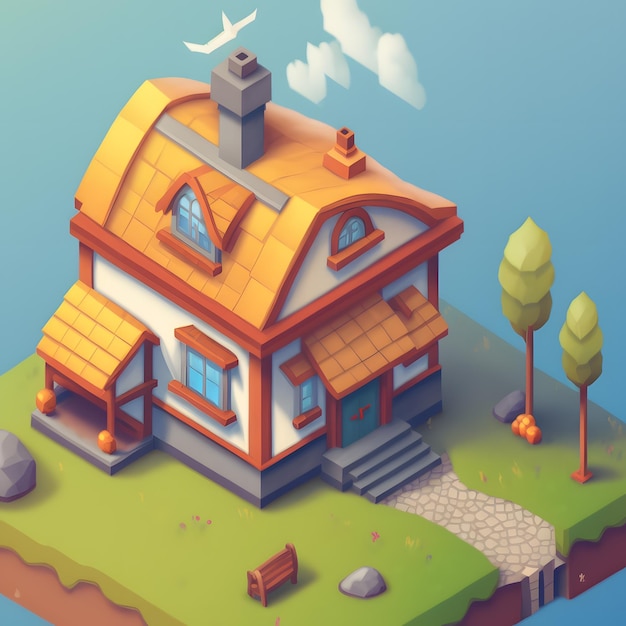 A cartoon house with a bird on the roof