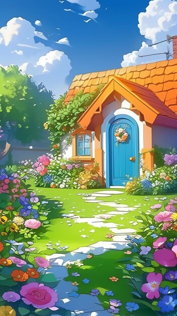 cartoon house with a blue door and a garden with flowers generative ai