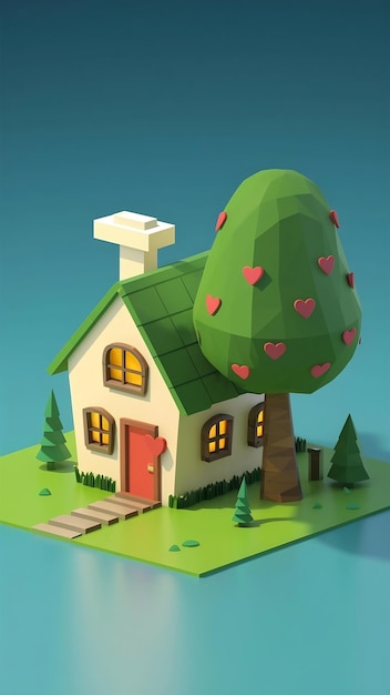 Photo a cartoon house with a green roof and a tree with hearts on it 3d illustration low poly