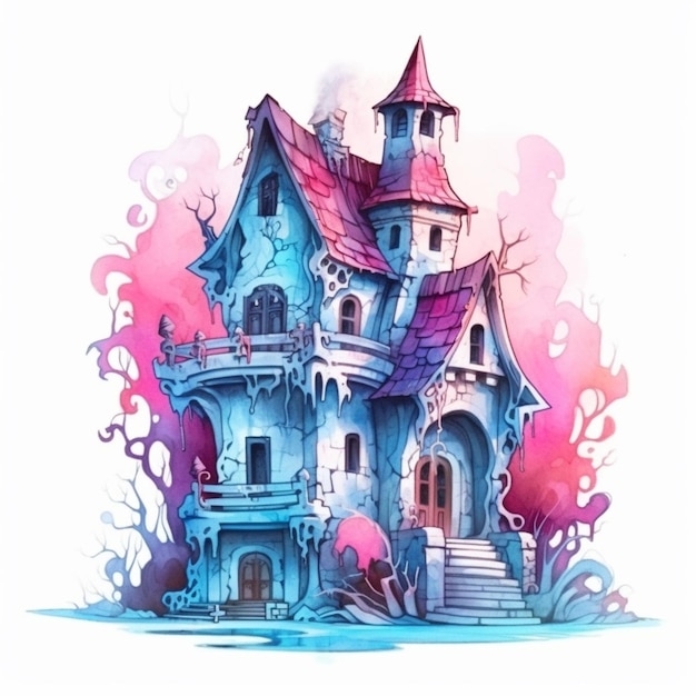 a cartoon house with a pink roof and a blue roof generative ai