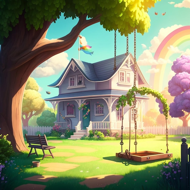 cartoon house with swing and rainbow in the background generative ai