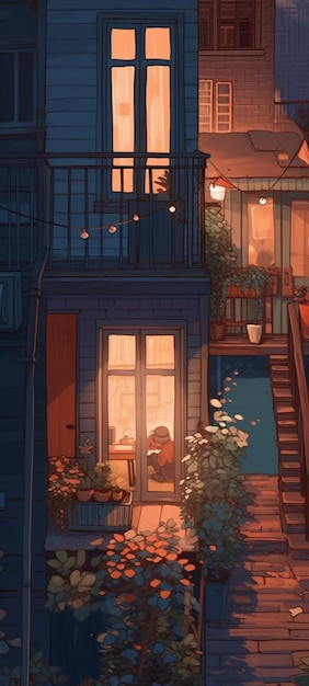 A cartoon house with a woman reading a book in front of it.