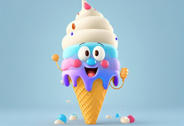 A cartoon ice cream with a blue face and a pink nose is holding a blue one.