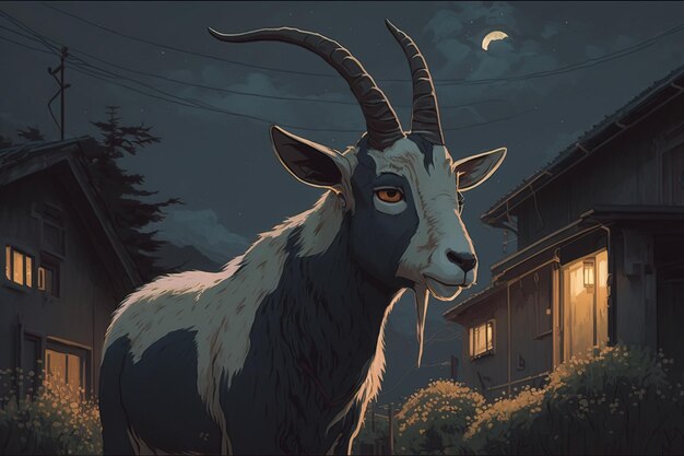 Cartoon illustrated of goat image close up standing in the street at nigh evening time