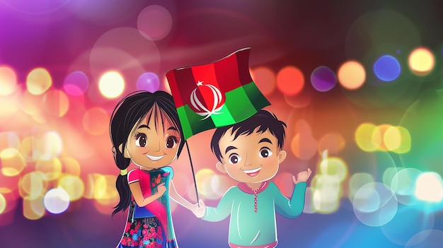 a cartoon illustration of a Afghanistan kids couple