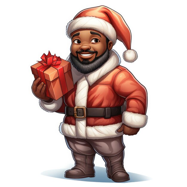 Cartoon illustration of African American Santa Claus full length with a gift on a white background