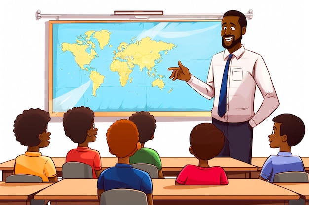 Cartoon illustration of an African teacher happy next to the blackboard in a classroom