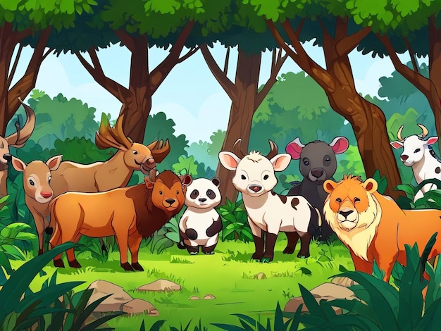 Photo a cartoon illustration of animals and animals in a forest