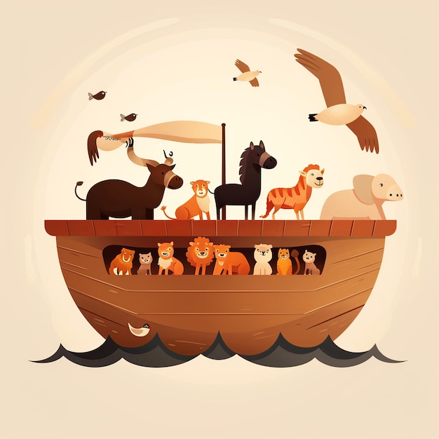 Photo a cartoon illustration of animals and a boat with a large animal on the side