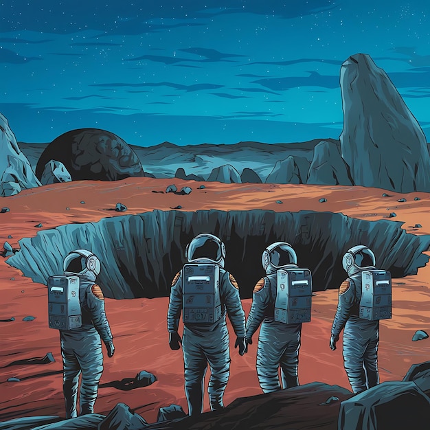 Photo a cartoon illustration of astronauts looking at a hole in the ground