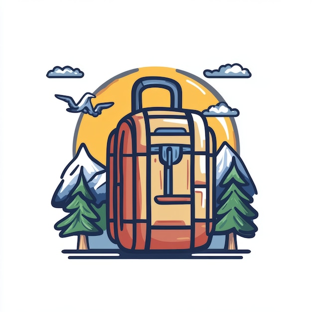 Cartoon Illustration of a Backpack in a Mountain Landscape Setting with a Bird Flying