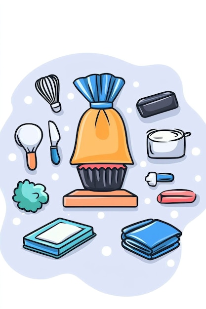 Cartoon Illustration of Baking Supplies for a Cupcake