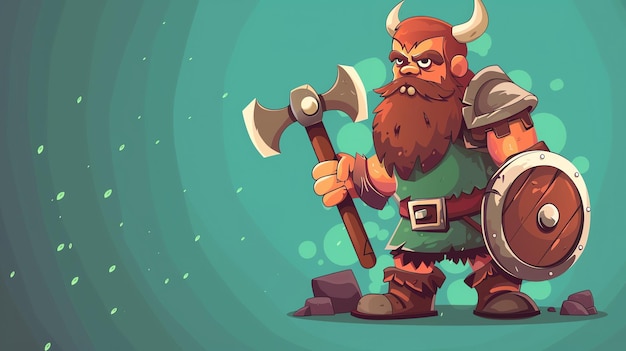 A cartoon illustration of a barbarian warrior with a beard an axe and a shield