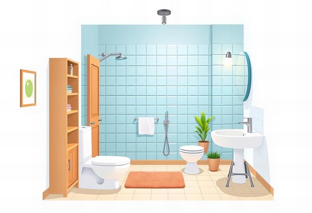 Photo a cartoon illustration of a bathroom with a toilet sink and shower