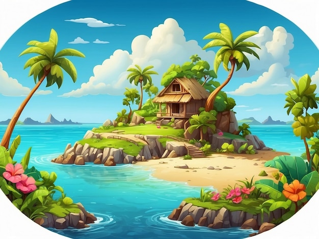 Photo a cartoon illustration of a beach house with a beach and palm trees