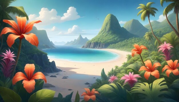 a cartoon illustration of a beach and mountains